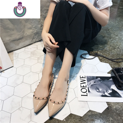 FISHBASKET小码平底鞋女31时尚32百搭33尖头铆钉平跟鞋浅口大码单鞋40-43码休闲鞋