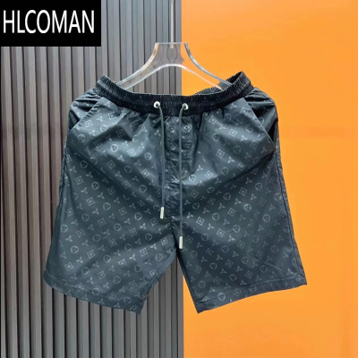HLCOMAN欧洲站夏薄款休闲运动短裤男高端潮牌印花网红冰丝五分沙滩裤黑色