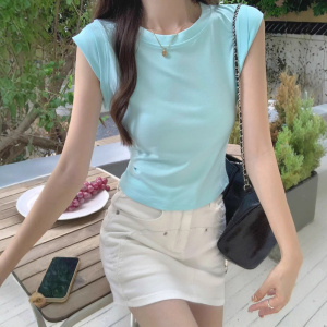 夏季新款圆领飞飞袖T恤女装设计感小众修身百搭无袖纯色上衣