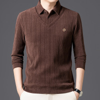 新款上市V领假两件T恤秋冬季男鸡心翻领中老年父亲商务休闲POLO衫