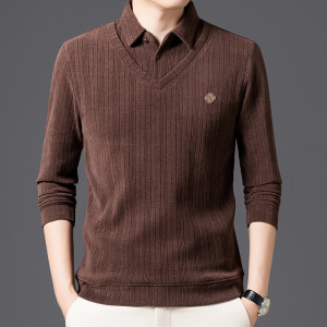 新款上市V领假两件T恤秋冬季男鸡心翻领中老年父亲商务休闲POLO衫