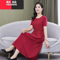 YIBUSHENG棉绸连衣裙2024新款薄款短袖减龄显瘦过膝纯色收腰妈妈洋气大摆裙