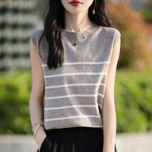 法式气质条纹无袖背心女针织打底衫圆领薄款内搭吊带背心外穿