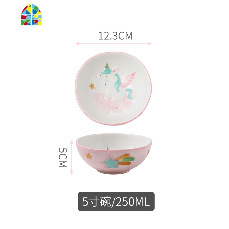 网红家用餐具套装碗盘可爱儿童陶瓷饭碗创意泡面碗菜盘子可微波炉 FENGHOU 粉色独角兽10英寸双耳盘