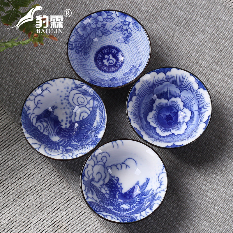 青花瓷功夫小茶杯10只茶具套装陶瓷斗笠杯茶盏杯单杯盖碗茶碗主人 三维工匠 羊脂玉大号-彩色斗笠杯-荷韵莲花(蓝)