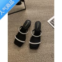 SUNTEK法式小跟凉拖外穿女鞋子2023年春夏新款粗跟配裙子水钻黑色凉鞋