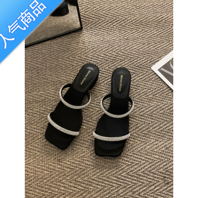 SUNTEK法式小跟凉拖外穿女鞋子2023年春夏新款粗跟配裙子水钻黑色凉鞋