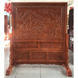 森美人东阳木实木迎客松落地屏风座屏 中式双面刻插屏摆件 玄关隔断