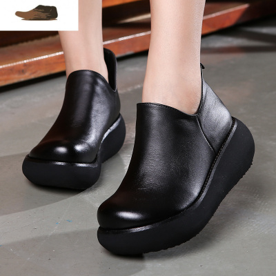 ideamini文艺复古皮女鞋子圆头厚底松糕坡跟单鞋软皮鞋妈妈鞋工作鞋