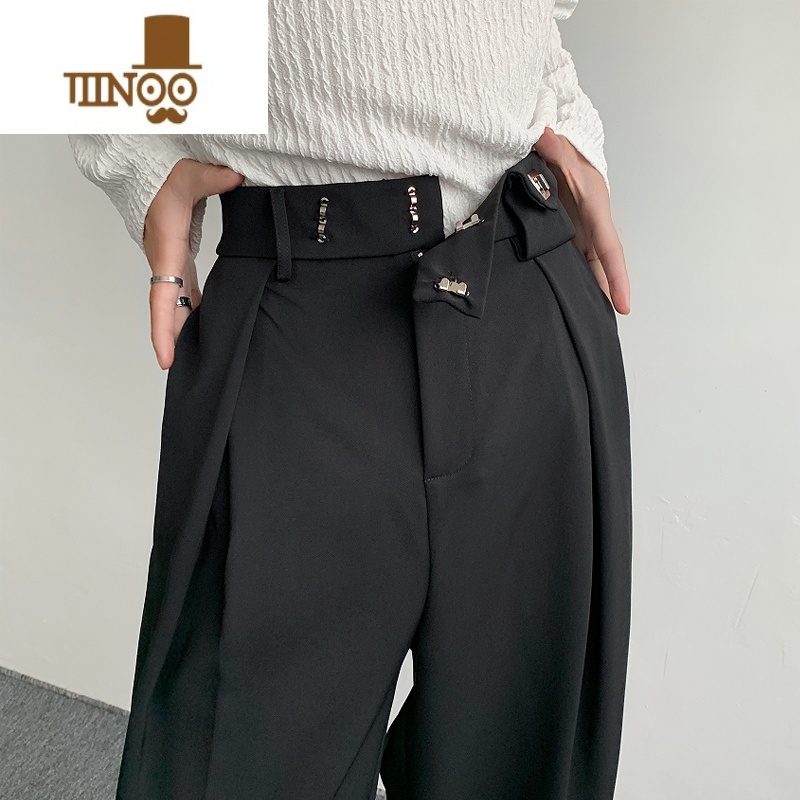 YANXU纯黑色那不勒斯裤子痞帅感直筒西裤男设计感宽松阔腿休闲长裤