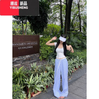 YIBUSHENG巧克少女~慵懒风条纹撞色宽松休闲裤女季高腰直筒裤拖地长裤子