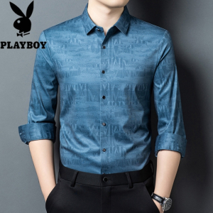 花花公子品质新款印花蓝色无痕免烫长袖男士衬衫衬衣商务休闲中年大码男装
