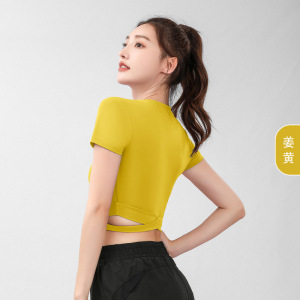 蜜桃露脐交叉短袖夏季修身缝瑜伽服高腰紧身健身上衣女