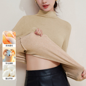 羊毛蚕丝加绒半高领打底衫秋衣女加厚保暖内搭中领1688上衣女冬季