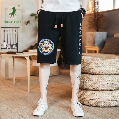 七匹狼国际公司授权WOLFTREK-夏季2021新款男士短裤中国风大码刺绣龙图案五分裤直筒潮流裤子男