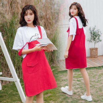 珂卡慕(KEKAMU)背带裙韩版休闲牛仔夏装女学生宽松显瘦小清新连衣裙潮红色S100斤以下-