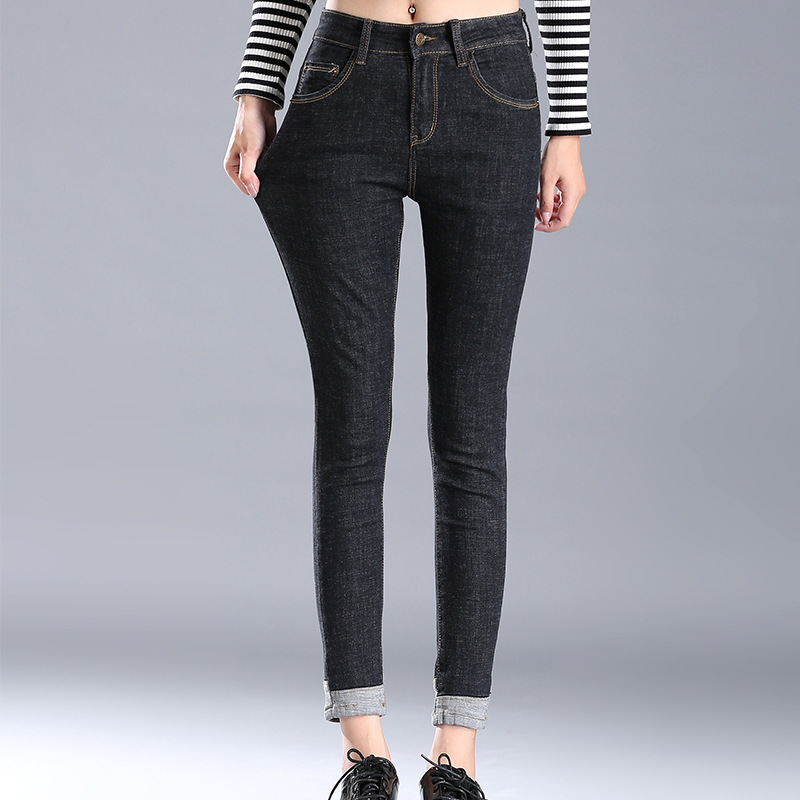 黑色大码牛仔裤女长裤2018冬季新款韩版小脚裤紧身高腰加厚九分裤CYLLCY