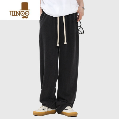 YANXU340G卫裤男加厚直筒阔腿休闲裤潮牌街头百搭黑色运动裤子