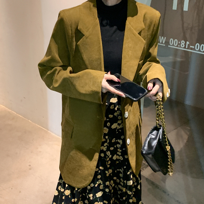 广赫咖色西装外套女秋冬韩版宽松加厚chic港味英伦风灯芯绒小西服上衣夹克