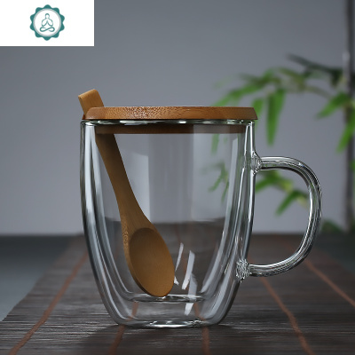 耐热玻璃杯耐热透明双层杯带盖双层隔热保温加厚咖啡茶水杯创意饮料杯封后475ML双层无字款+竹盖竹勺