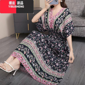 YIBUSHENG波西米亚棉绸碎花连衣裙长款前后V领沙滩裙气质泰国度假长裙旅游