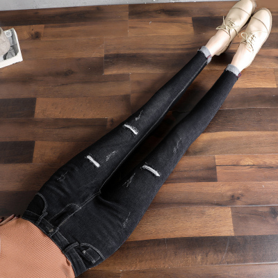 广赫小脚破洞牛仔裤女八分小个子修身显瘦黑色紧身九分秋季2020年新款牛仔裤