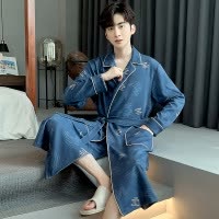 睡衣秋冬季棉质男长袖睡袍宽松休闲青少年可外穿中长款家居服浴袍