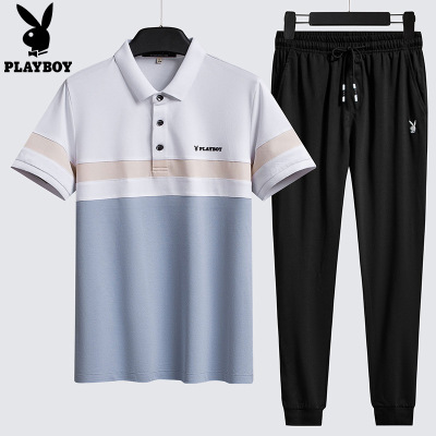 花花公子2021夏季新款韩版潮流百搭男装简约休闲T恤两件套装