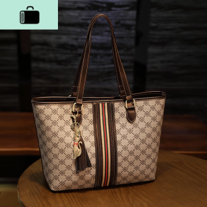 包包2020新款潮时尚大容量手提包女皮百搭时尚单肩包通勤托特包NEW LAKE 米白色+咖啡 米白色+咖啡