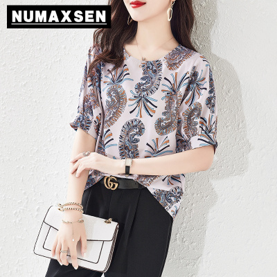 纽曼森（Numaxsen）雪纺衫女圆领印花衫夏季2021年新款灯笼袖小衫短款薄款短袖上衣气质