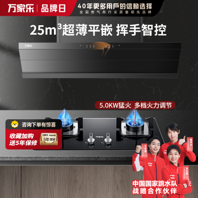 万家乐 25m³超薄平嵌 免拆洗油烟机 X3R1+AY5C 25立方大吸力烟灶联动家用吸油烟机 家用灶具两件套