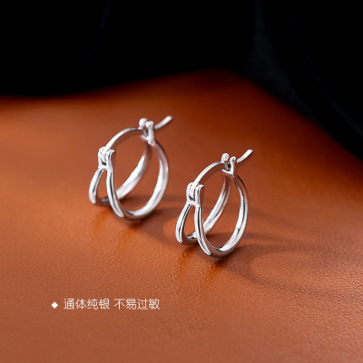 s925纯银双层圆圈光面耳环女简约复古个性港风时尚耳扣耳圈新款潮送女朋友老婆情人节七夕生日礼物