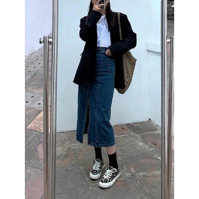 枫述春秋大码开叉牛仔半身裙女中长款胖mm高腰显瘦百搭学院风包臀裙子