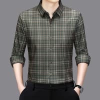 全无痕格子衬衫男秋季新款中年爸爸装休闲透气印花男士长袖衬衣