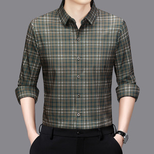 全无痕格子衬衫男秋季新款中年爸爸装休闲透气印花男士长袖衬衣