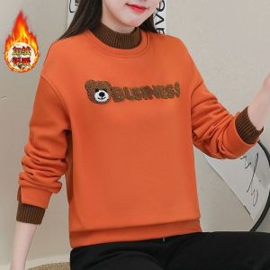 加绒加厚卫衣女2023年秋冬新款圆领宽松上衣小熊刺绣设计感显减龄