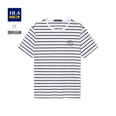 HLA海澜之家经典条纹短袖T恤2021夏季棉质小标刺绣上衣男HNTBJ2D197A
