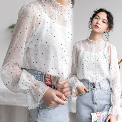 暖青汇秋冬款长袖半高领网纱打底衫女喇叭袖透明内搭雪纺小衫上衣薄蕾丝衫