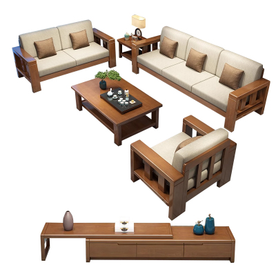 中豫鑫泽ZYXZ3113010简约实木沙发茶几组合 1+2+3+长茶几+方几+电视柜