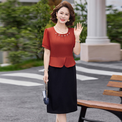 妈妈装连衣裙时尚简约中老年人修身款裙子气质婆婆装短袖夏装裙子