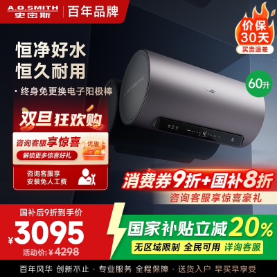 AO史密斯60升电热水器 国家补贴 金圭内胆 双棒分离速热 免换镁棒 免清洗 E60ED8