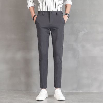 夏季薄款男休闲裤小脚修身弹力九分小西裤长裤韩版西装裤青年黑色诺妮梦