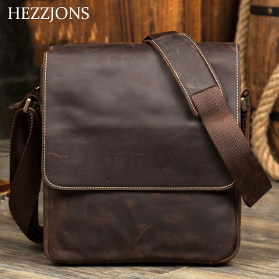 赫泽琼斯HEZZJONS男士牛皮单肩包进口意大利疯马皮斜挎包商务休闲时尚男神背包深棕色