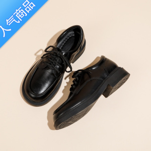 SUNTEK黑色小皮鞋女2023春季新款乐福鞋系带厚底漆皮英伦风百搭单鞋