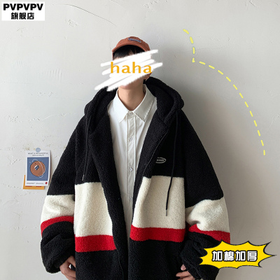 NEWLAKE羔绒棉服男潮牌韩版潮流冬季加厚外套拼接撞色宽松大码连帽棉衣棉衣