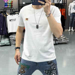 夏季短袖T恤男士抖音龙年简约时尚刺绣圆领半袖丝光棉上衣潮i