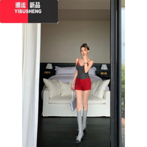 YIBUSHENG复古灰色方领短袖连衣裙女季新款气质修身短裙显瘦收腰a字裙子