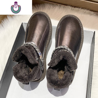 FISHBASKET雪地靴女2020新款厚底防滑防水保暖亮面一脚蹬银色雪地棉鞋靴子