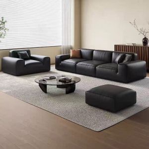 高端大气轻奢风办公家用会客接待极简黑色皮艺沙发