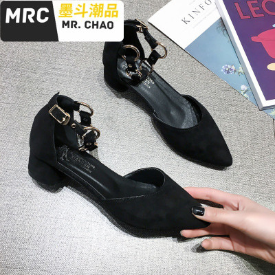 女鞋单鞋女2019年春季新款年粗跟仙女百搭温柔尖头(3-5厘米)瓢鞋墨斗潮品休闲鞋